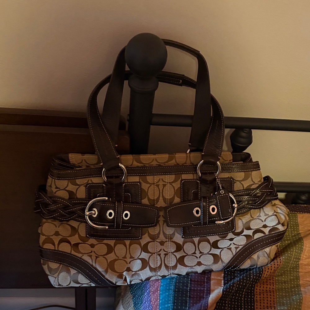 Coach Tan and Dark Brown Signature Shoulder Bag